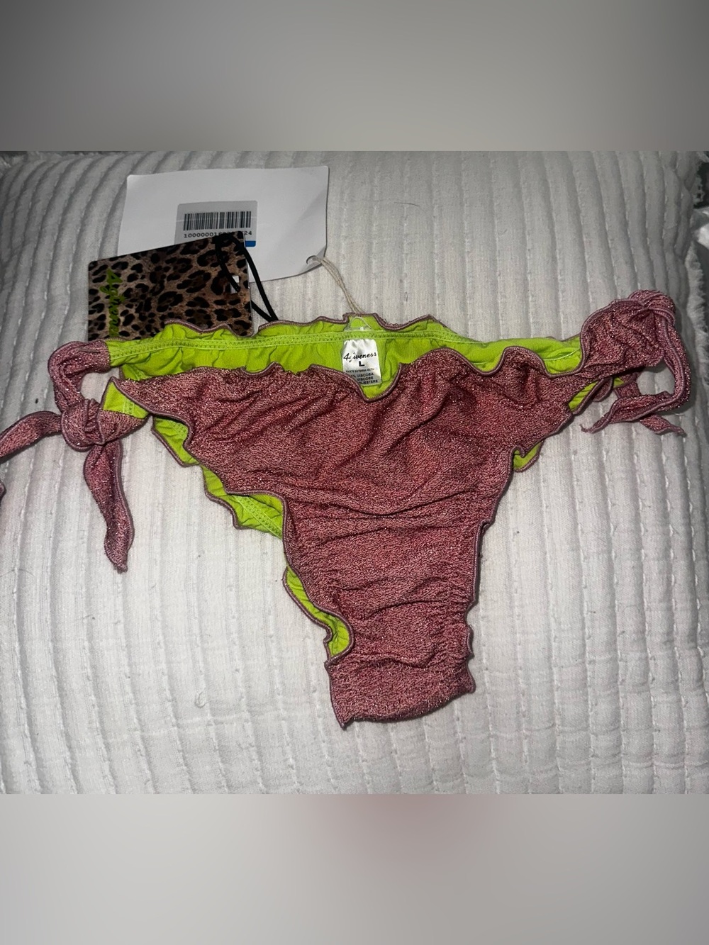 4giveness Lettice Trim Bikini Bottom  Rosa-PinkGlitter/Metallic LimeGreen Lining